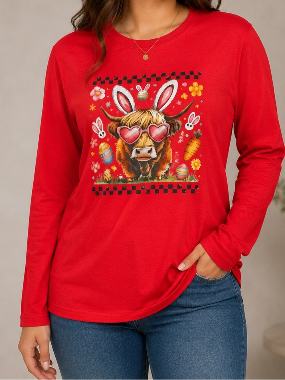 Hand Crafted Red Long Sleeve Tee with Heart-Sunglasses Cow Graphic JUNIORS XL